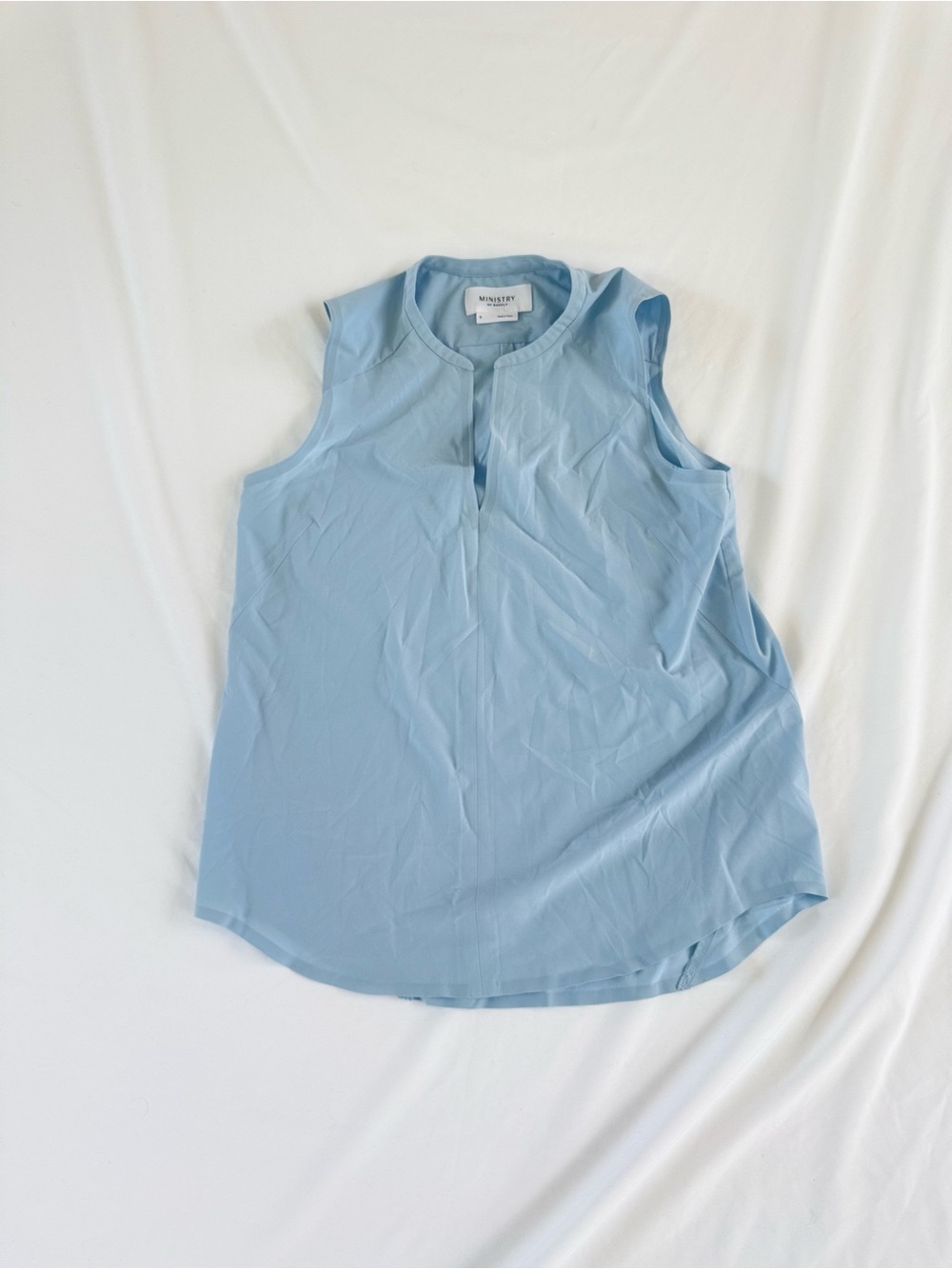 Ministry of Supply Sleeveless Blouse S Light Blue Split Neck Minimalist Office